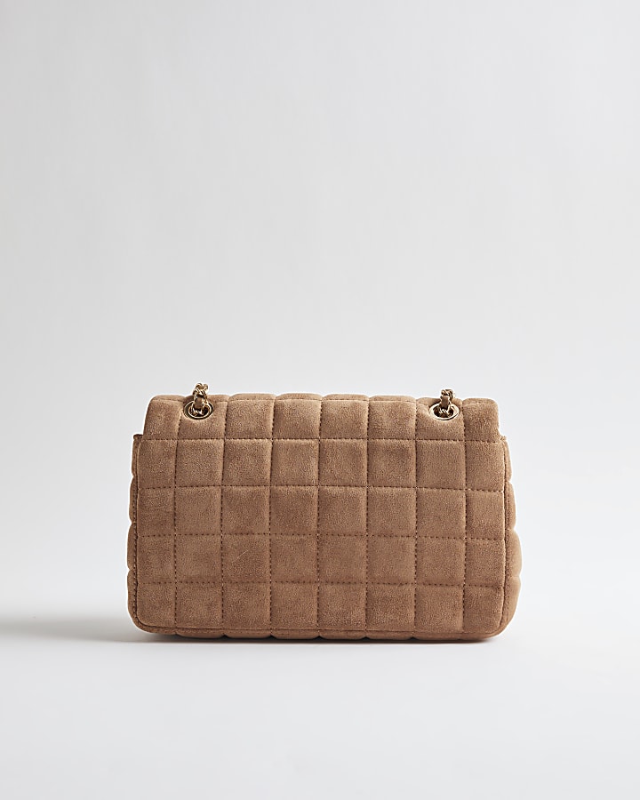Brown Faux Suede Quilted Shoulder Bag