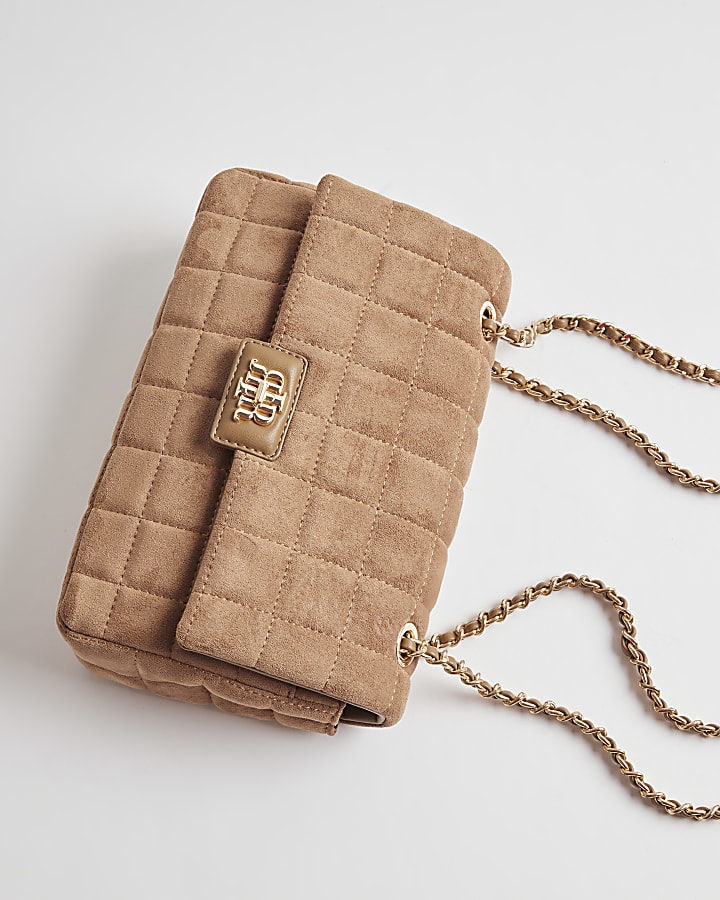 Brown Faux Suede Quilted Shoulder Bag