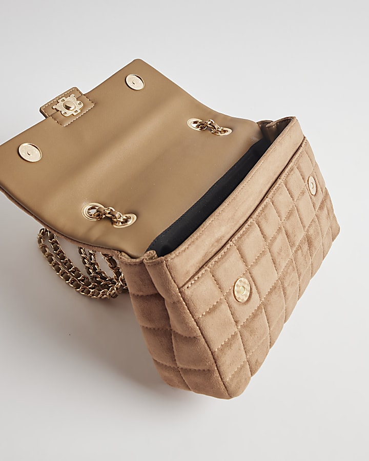 Brown Faux Suede Quilted Shoulder Bag