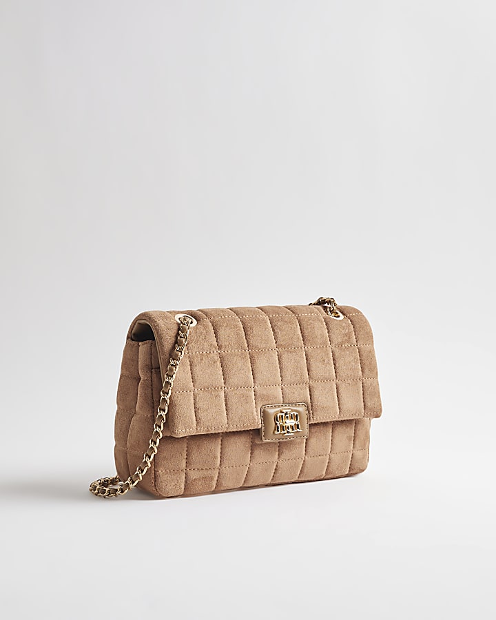 Brown Faux Suede Quilted Shoulder Bag