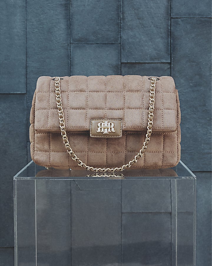 Brown Faux Suede Quilted Shoulder Bag
