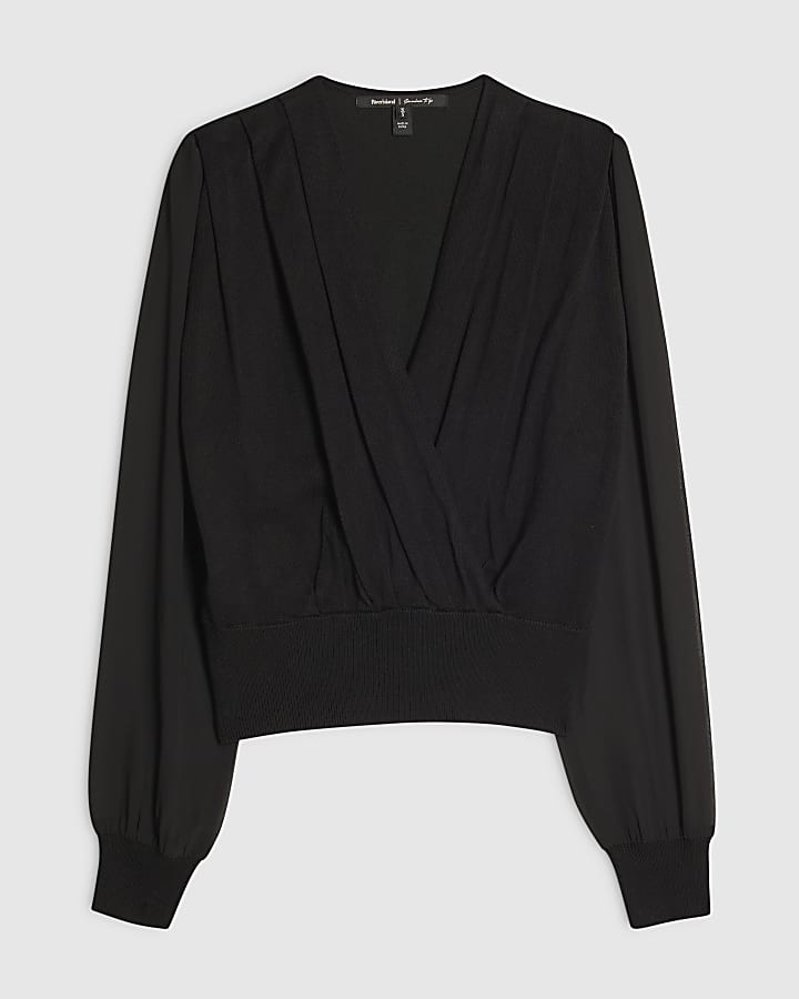 Black Hybrid Knit Long Sleeve Top