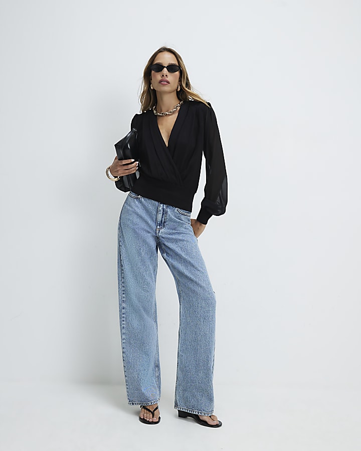 Black Hybrid Knit Long Sleeve Top