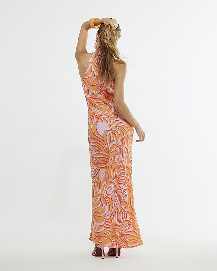 Orange Leaf Print Halter Maxi Dress