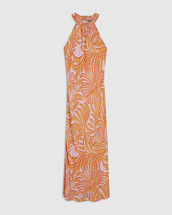 Orange Leaf Print Halter Maxi Dress