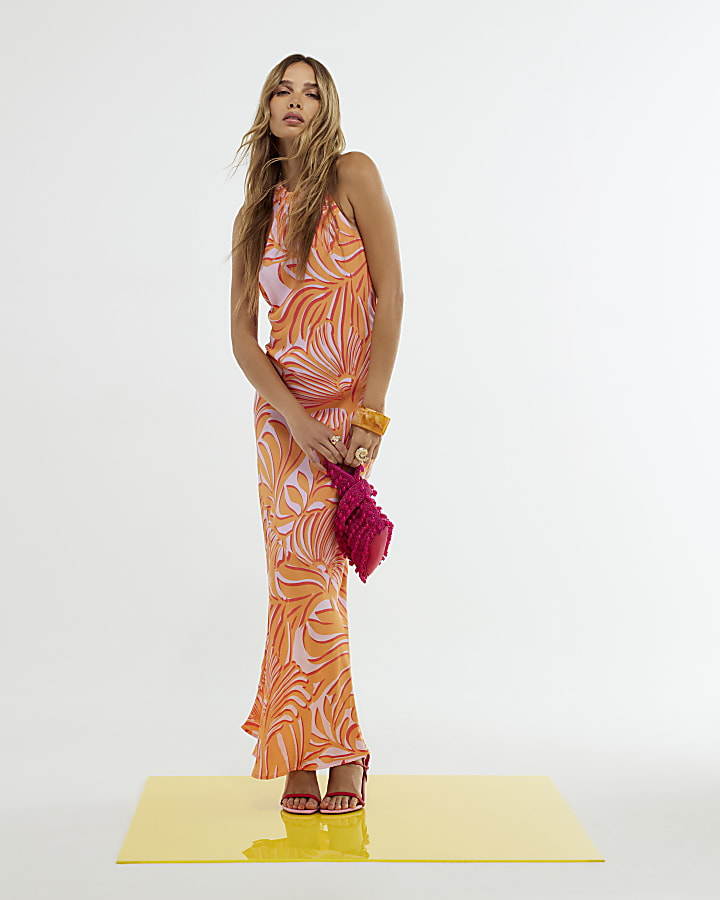 Orange Leaf Print Halter Maxi Dress