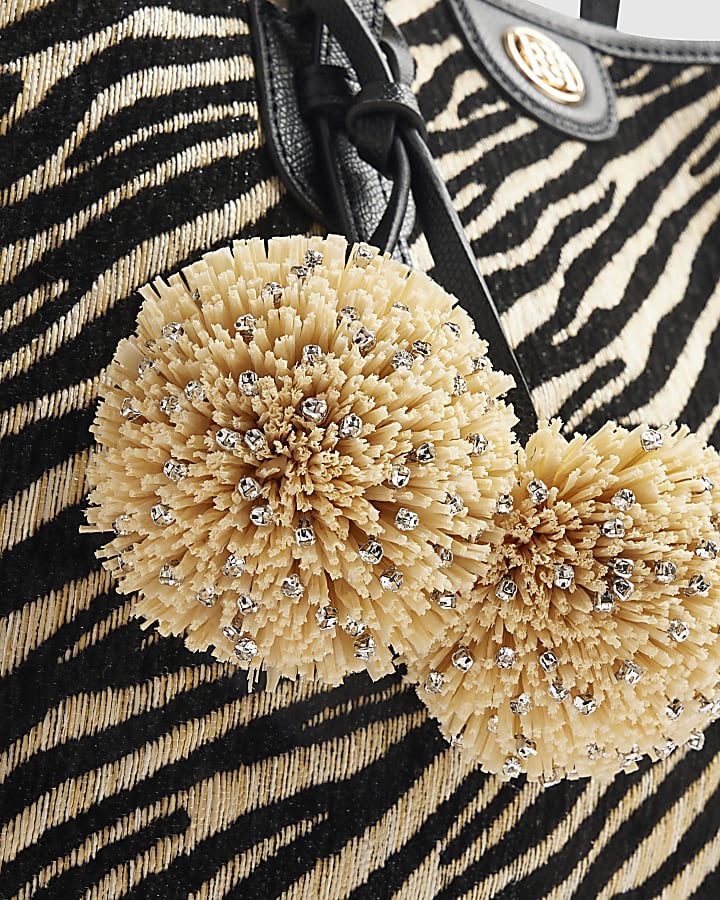 Black Buckle Zebra Pom Pom Shopper Bag