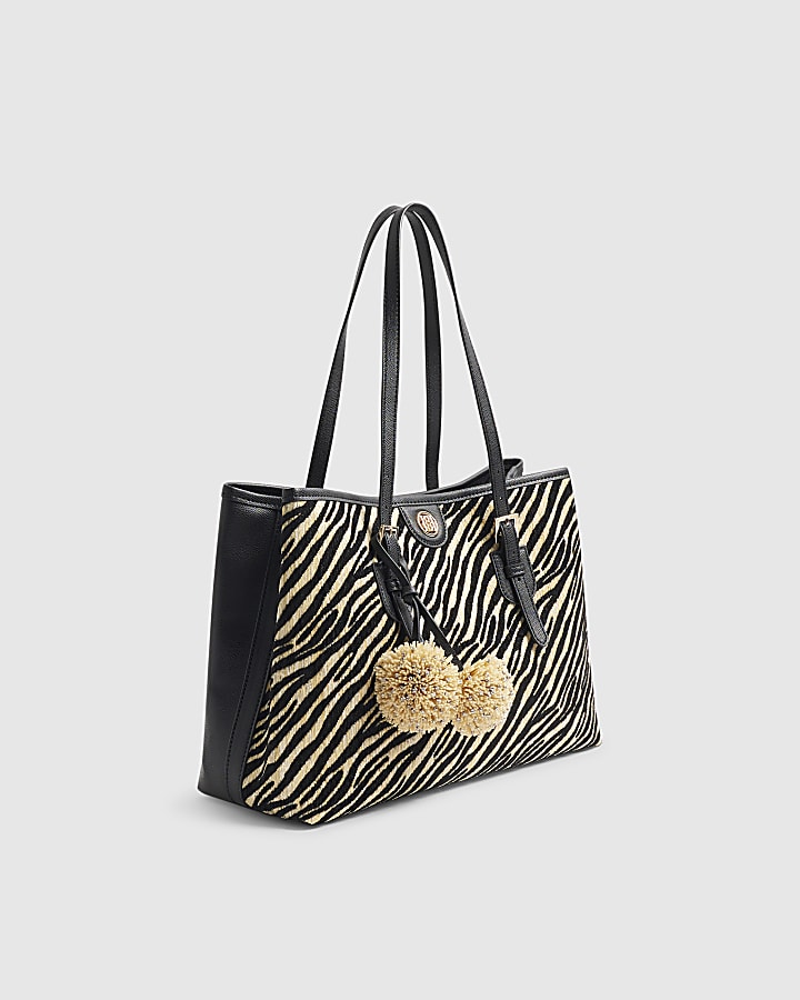 Black Buckle Zebra Pom Pom Shopper Bag