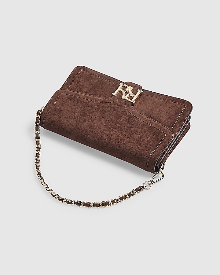 Brown Faux Suede RR Flap Front Shoulder Bag