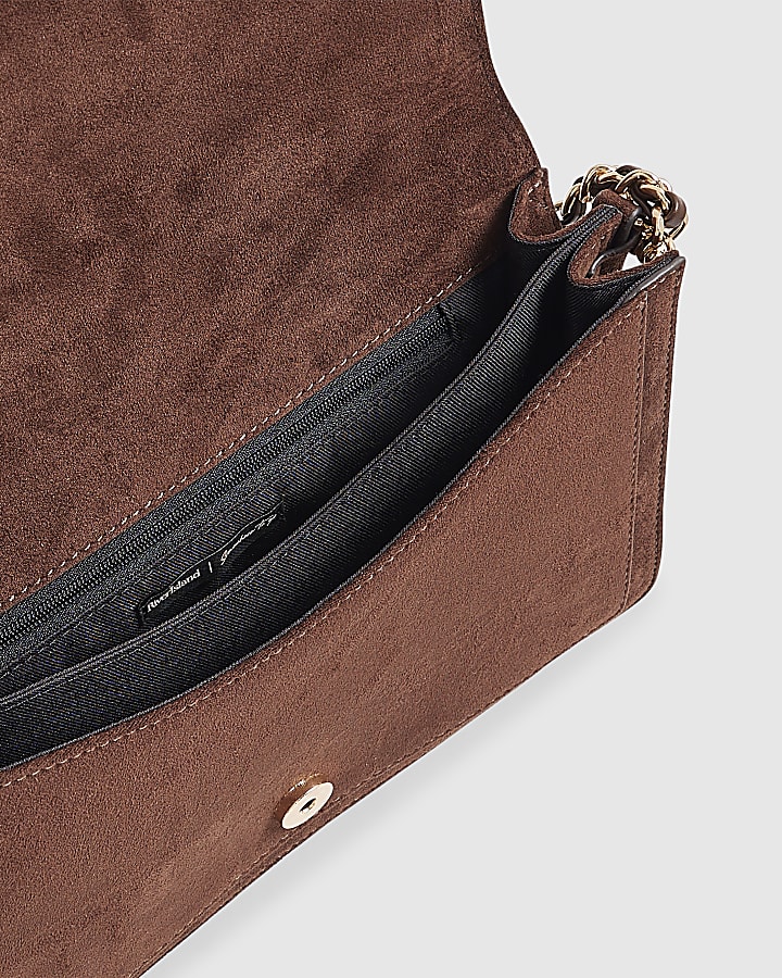 Brown Faux Suede RR Flap Front Shoulder Bag