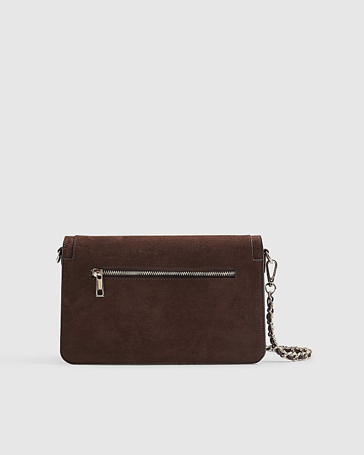 Brown Faux Suede RR Flap Front Shoulder Bag