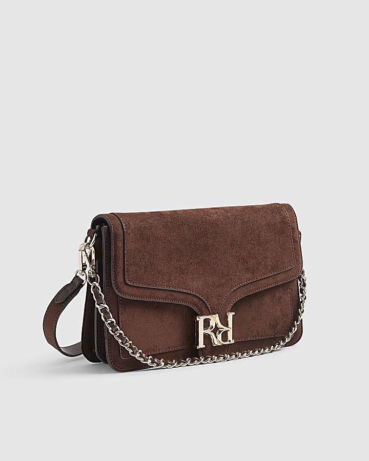 Brown Faux Suede RR Flap Front Shoulder Bag