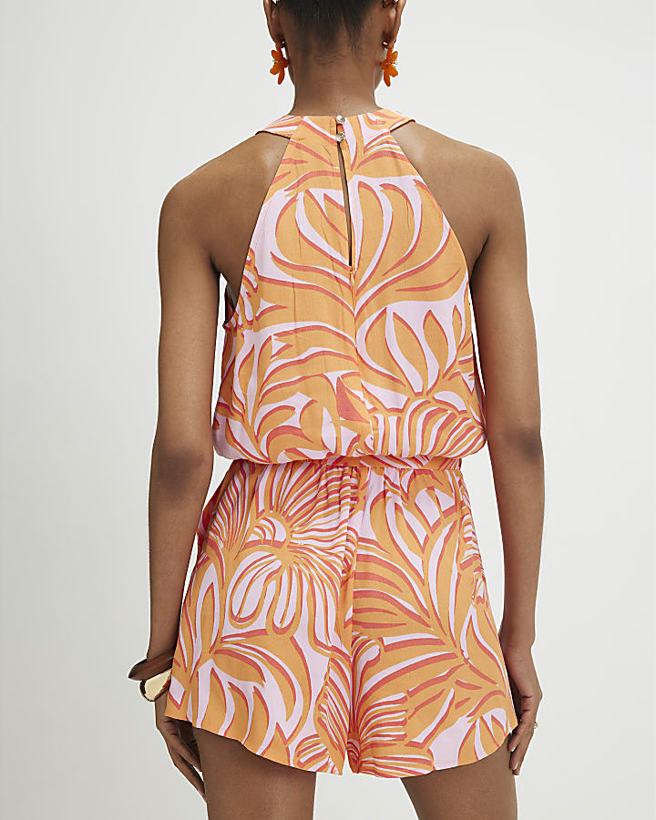 Orange Leaf Print Halter Neck Playsuit