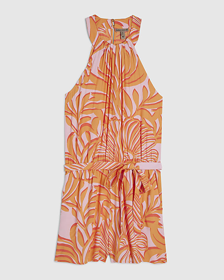 Orange Leaf Print Halter Neck Playsuit