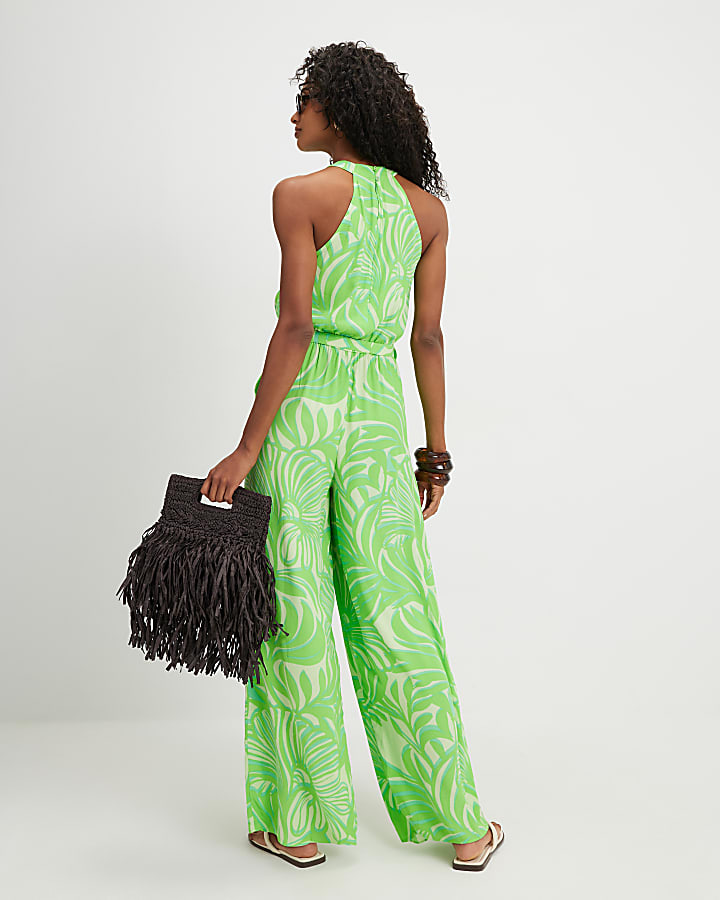Green Leaf Print Halter Neck Jumpsuit