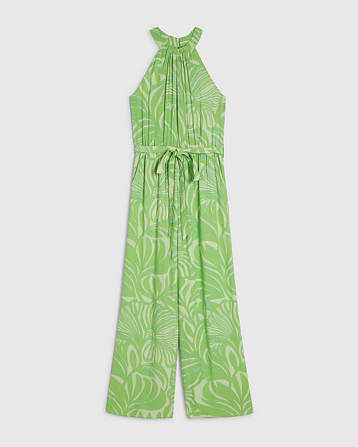 Green Leaf Print Halter Neck Jumpsuit