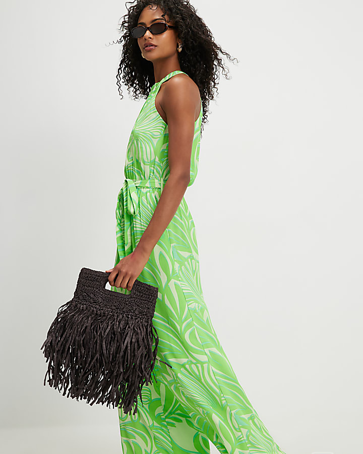Green Leaf Print Halter Neck Jumpsuit