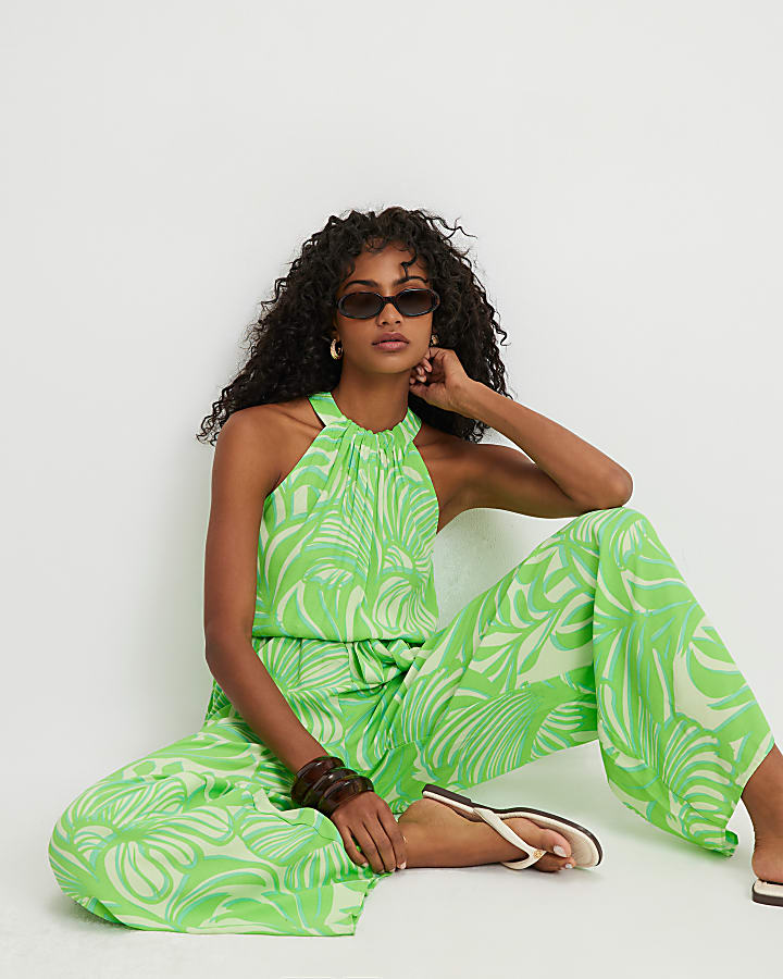 Green Leaf Print Halter Neck Jumpsuit