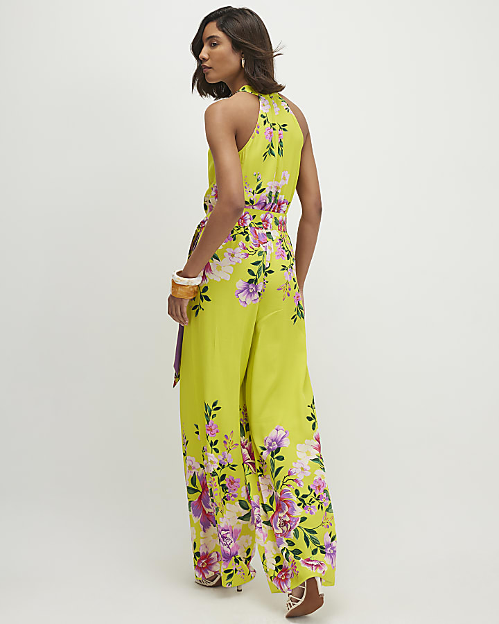 Green Floral Print Halter Neck Jumpsuit
