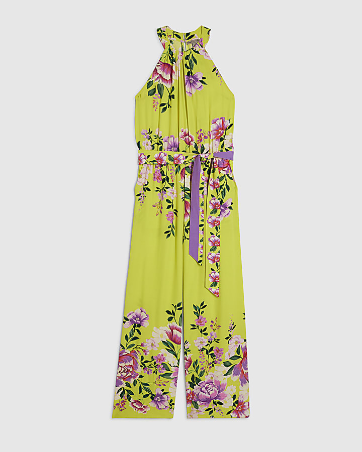 Green Floral Print Halter Neck Jumpsuit