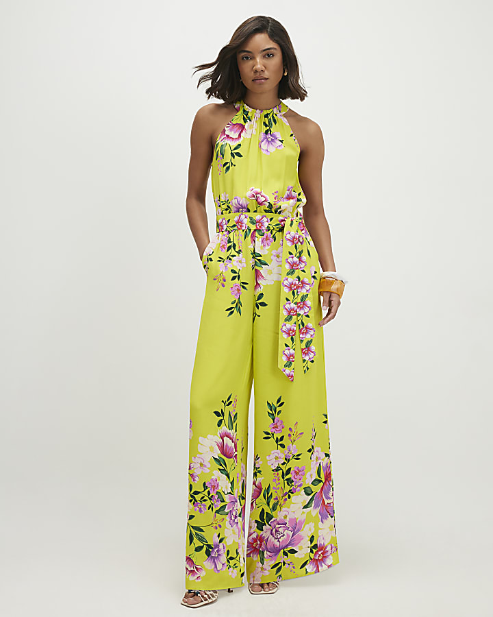 Green Floral Print Halter Neck Jumpsuit