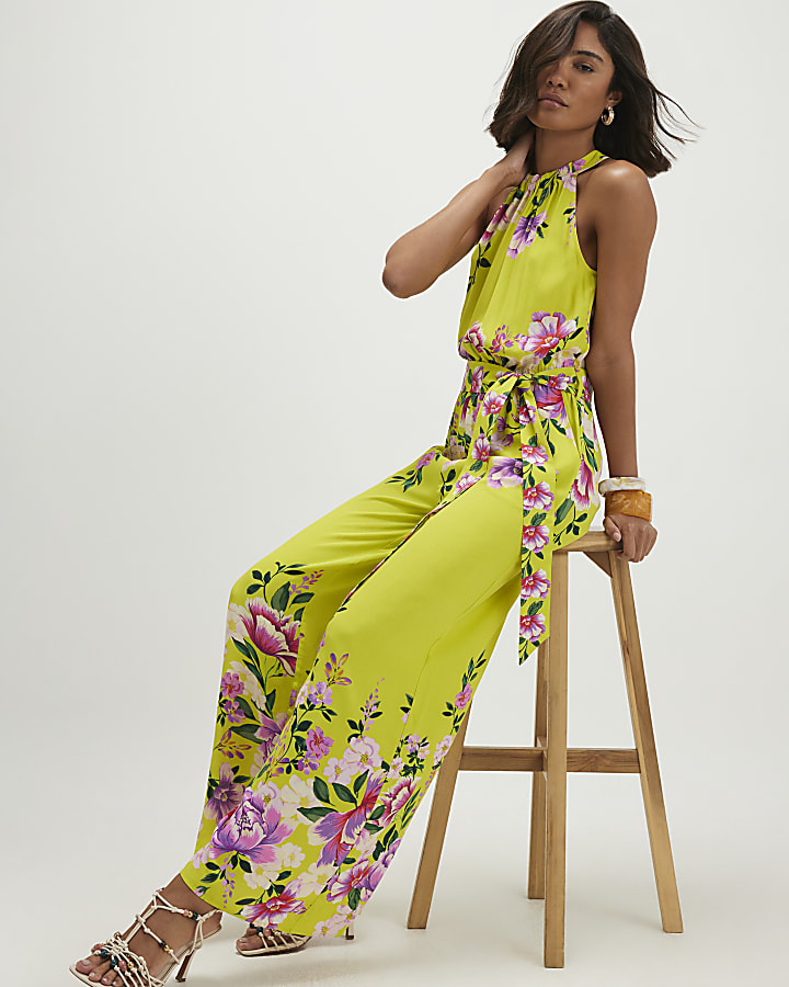 Green Floral Print Halter Neck Jumpsuit
