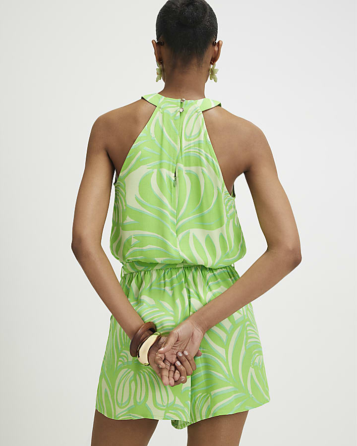 Green Leaf Print Halter Neck Playsuit