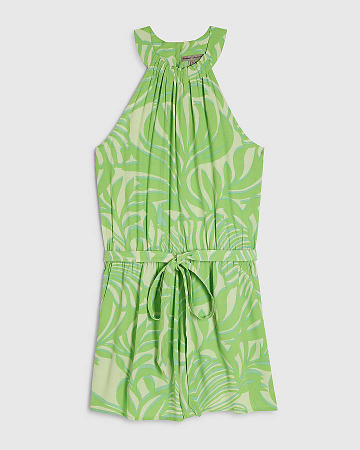 Green Leaf Print Halter Neck Playsuit