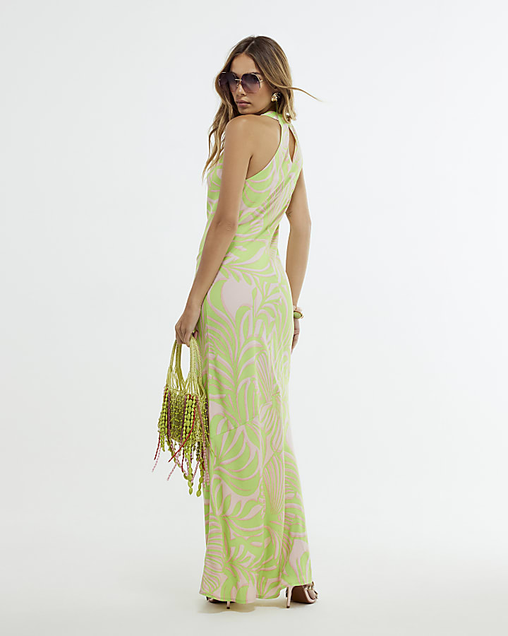 Green Leaf Print Halter Neck Maxi Dress