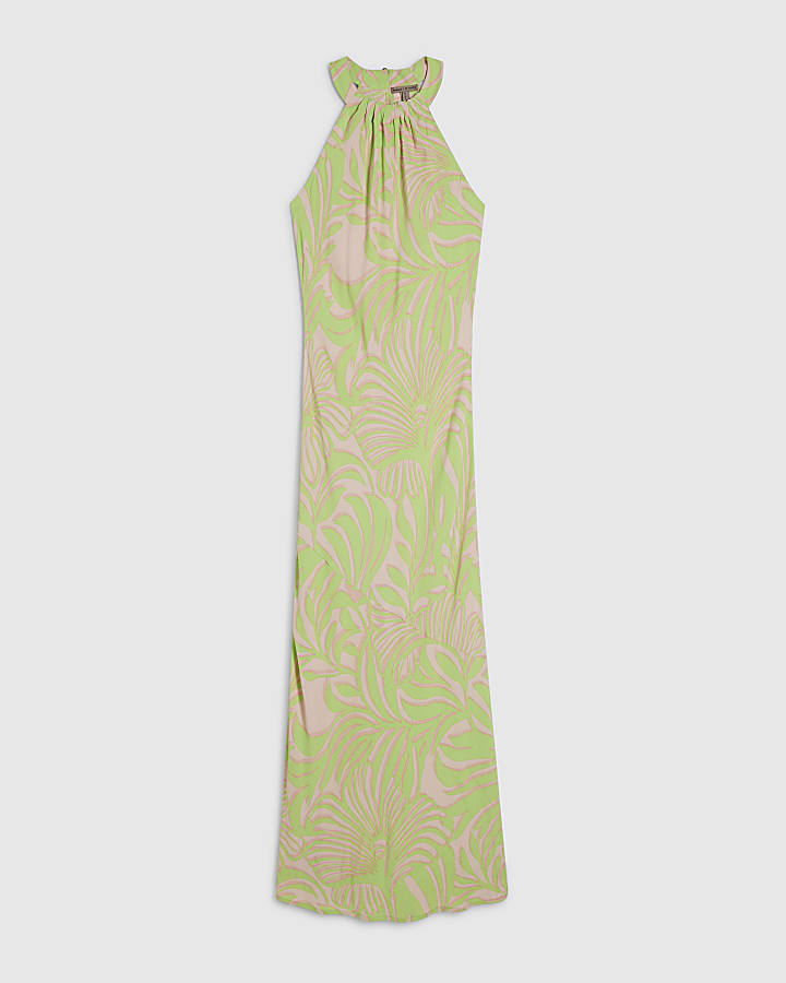 Green Leaf Print Halter Neck Maxi Dress