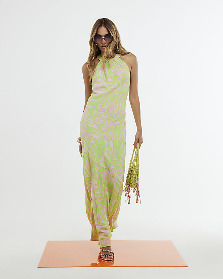 Green Leaf Print Halter Neck Maxi Dress