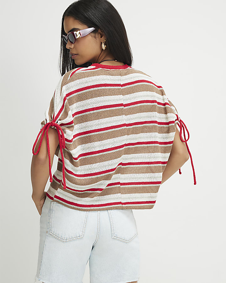 Cream Striped Knitted T-Shirt