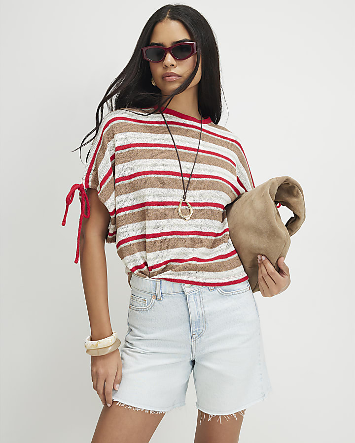 Cream Striped Knitted T-Shirt