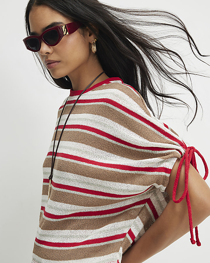 Cream Striped Knitted T-Shirt