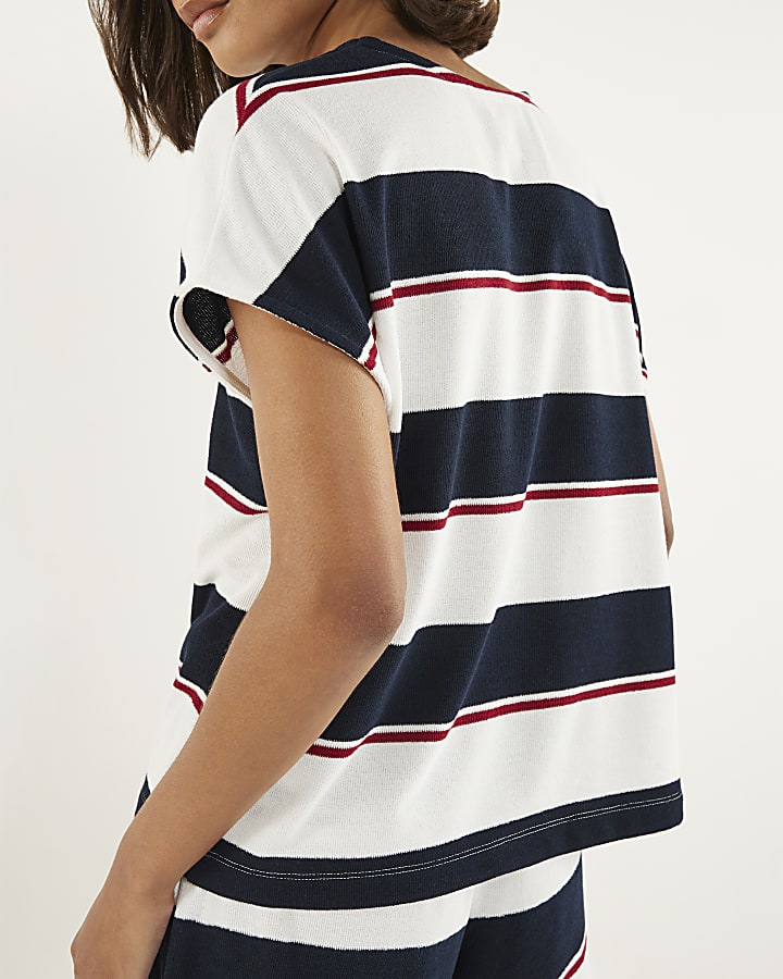 Navy Striped Textured V Neck T-shirt