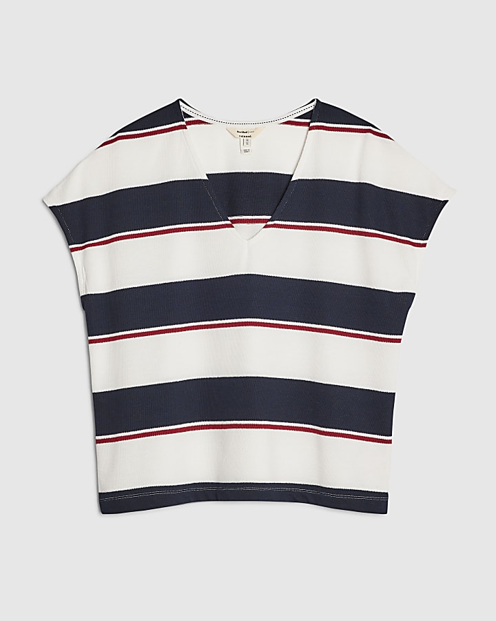 Navy Striped Textured V Neck T-shirt