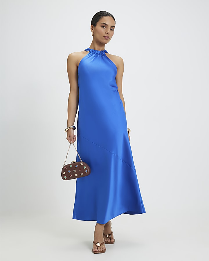 Petite Navy Halter Neck Midi Slip Dress