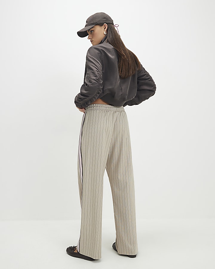 Beige Striped Tailored Wide Leg Joggers
