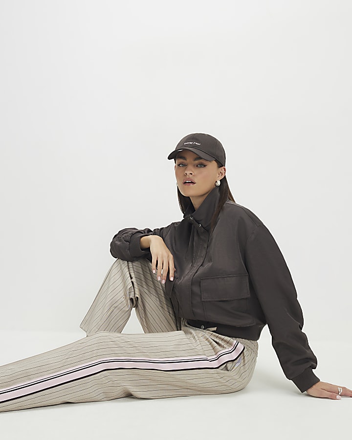 Beige Striped Tailored Wide Leg Joggers