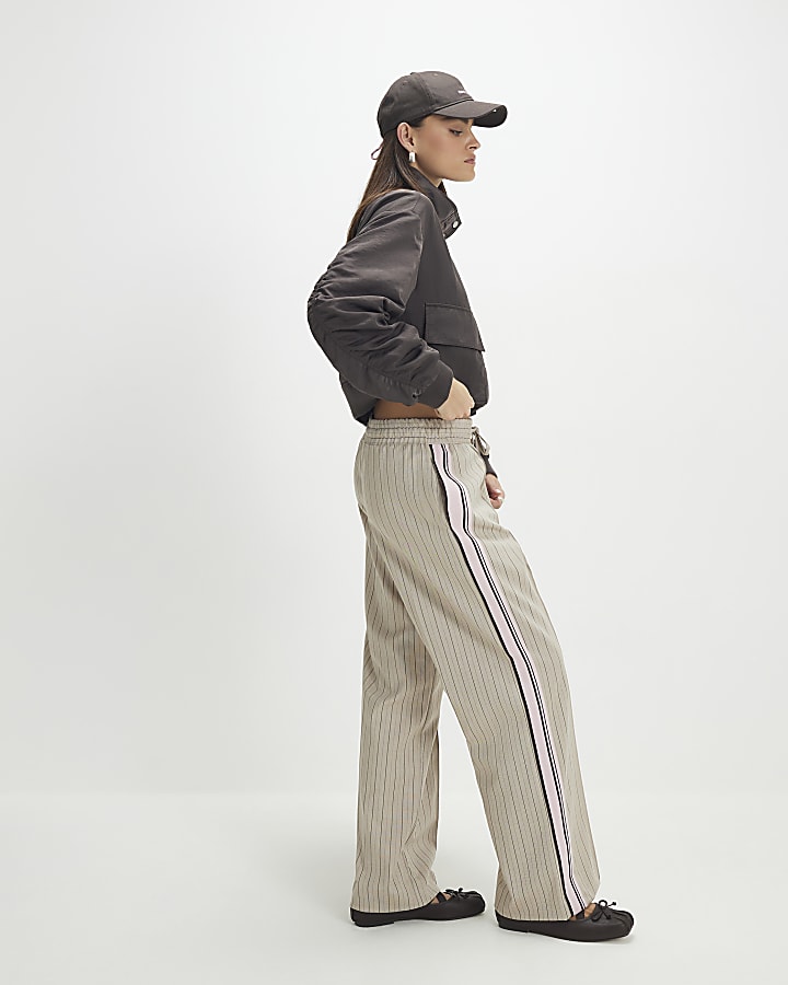 Beige Striped Tailored Wide Leg Joggers