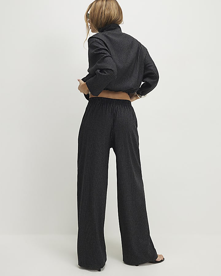 Grey Pinstripe Elastic Wide Leg Trousers