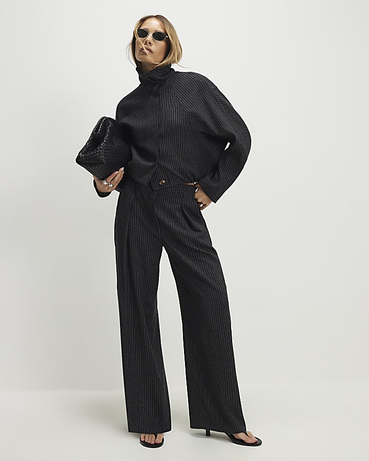 Grey Pinstripe Elastic Wide Leg Trousers