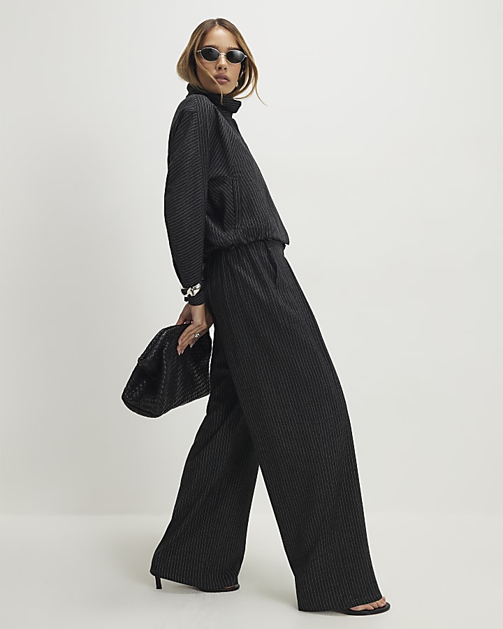 Grey Pinstripe Elastic Wide Leg Trousers