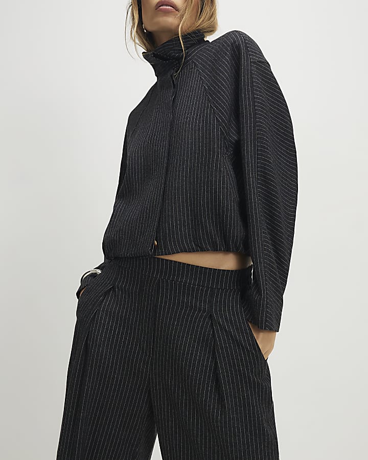 Grey Pinstripe Elastic Wide Leg Trousers