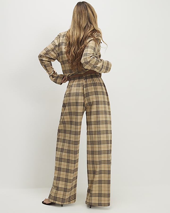 Beige Check Wide Leg Trousers
