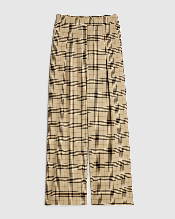 Beige Check Wide Leg Trousers