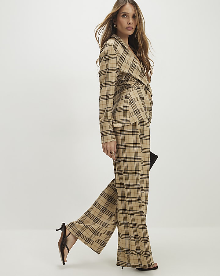 Beige Check Wide Leg Trousers