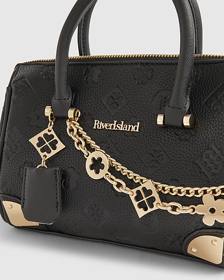 Black Faux Leather RI Monogram Bowler Bag