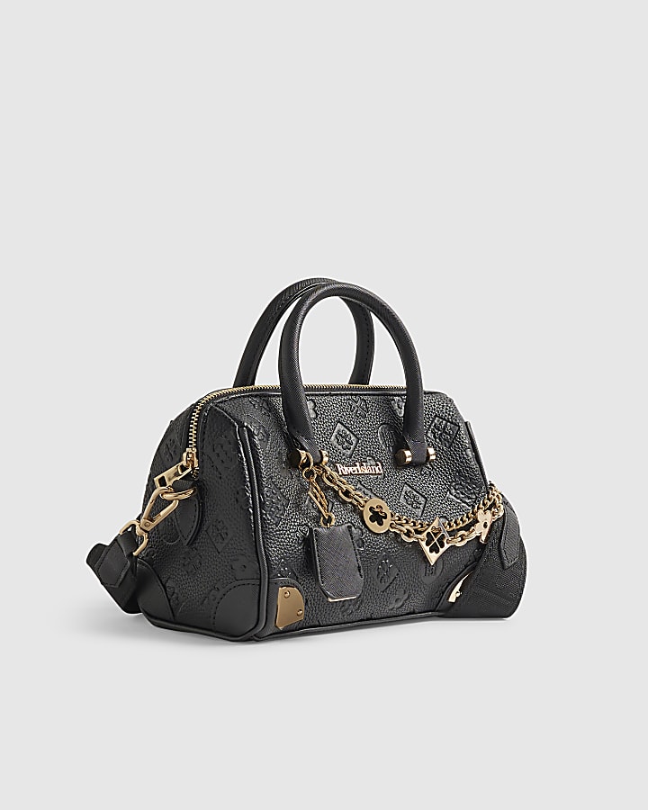 Black Faux Leather RI Monogram Bowler Bag