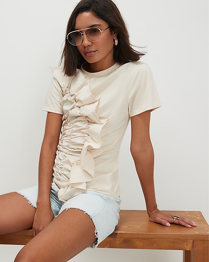 Cream Cotton Ruffle Detail T-Shirt